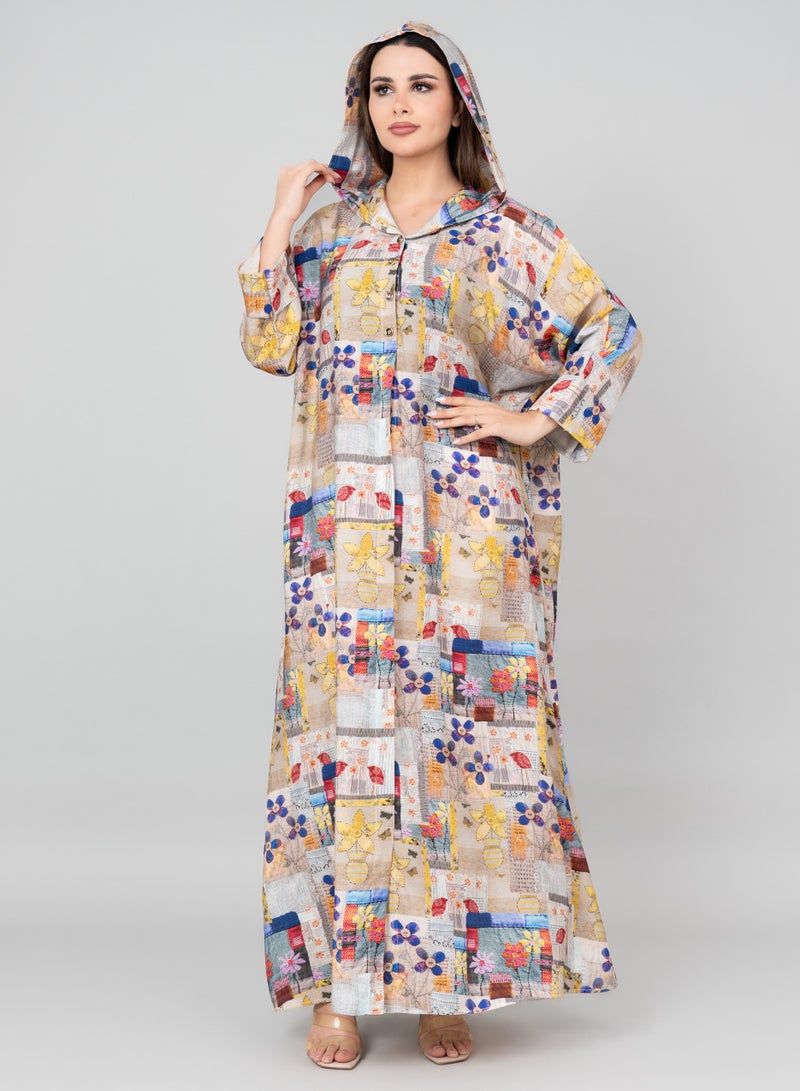 اكسا جلابية بغطاء رأس مطبوعة بنقوش بيج - Image 1