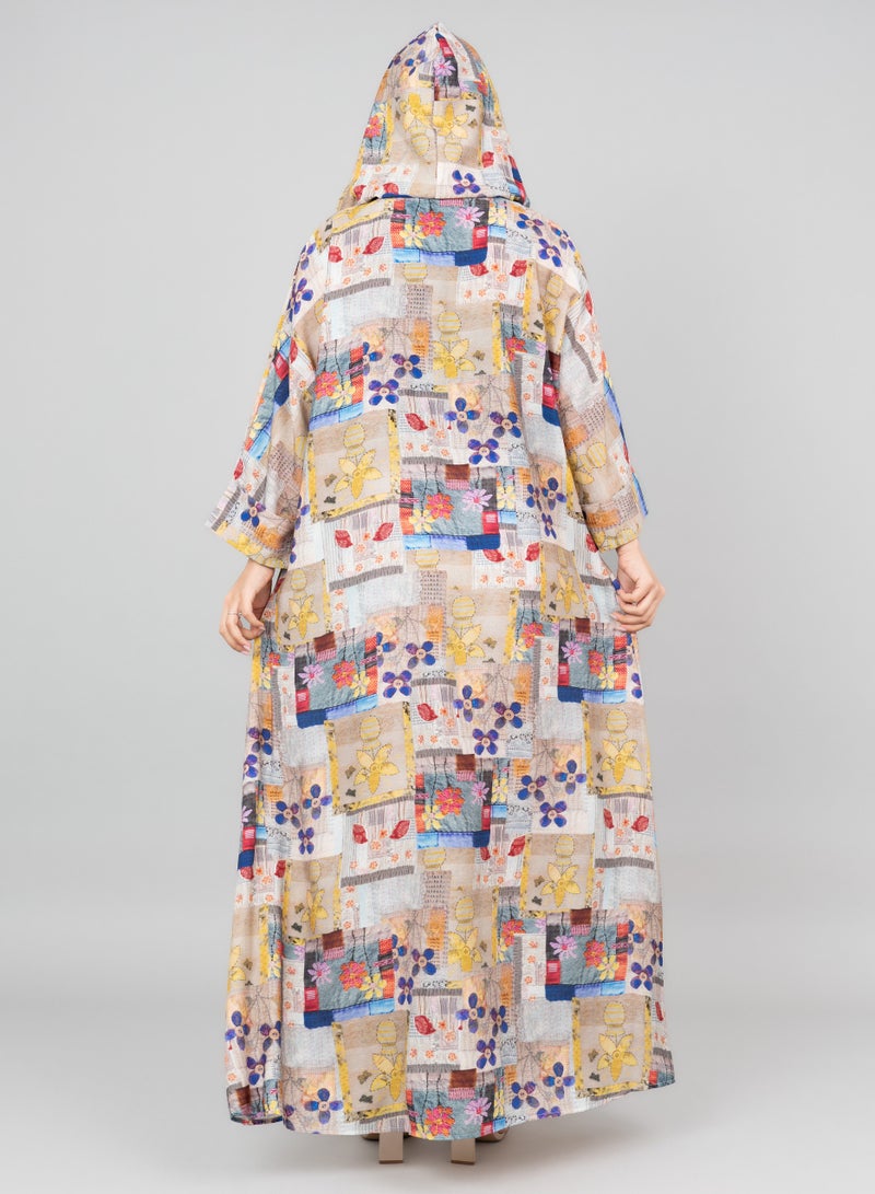 اكسا جلابية بغطاء رأس مطبوعة بنقوش بيج - Image 2