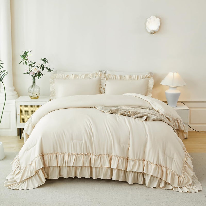 ANGIYUIN 5Pcs Beige Ruffled Comforter Set Queen Double-Layer Ruffle Bedding Comforter Set for Women Girls Fluffy Shabby Chic Bed in a Bag with Sheets(Beige Queen) - Image 3