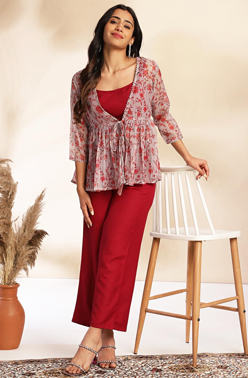 Janasya جيناسيا للنساء - طقم جاكيت مكون من 3 قطع بلون النبيذ والموس (SET822-TJ-STP-S) - Image 3