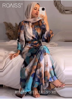 roaiss Women's Abaya Dress Graffiti Style Print and Waist Drawstring Design for a Personalized Look Bubble Sleeve Elements for an Elegant and Cute Look Women Long Sleeve Maxi Traditional Dress  - Image 1