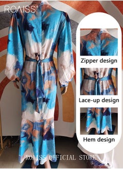 roaiss Women's Abaya Dress Graffiti Style Print and Waist Drawstring Design for a Personalized Look Bubble Sleeve Elements for an Elegant and Cute Look Women Long Sleeve Maxi Traditional Dress  - Image 4