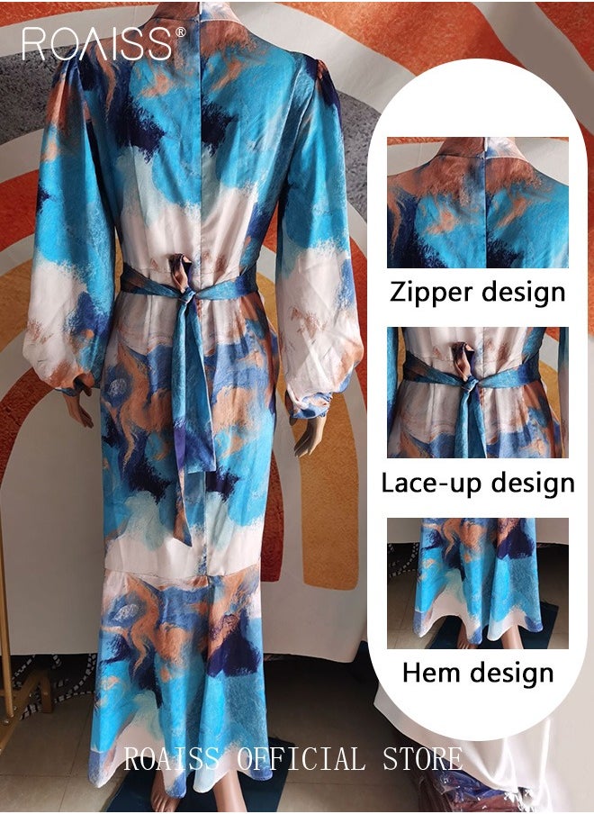 roaiss Women's Abaya Dress Graffiti Style Print and Waist Drawstring Design for a Personalized Look Bubble Sleeve Elements for an Elegant and Cute Look Women Long Sleeve Maxi Traditional Dress  - Image 4