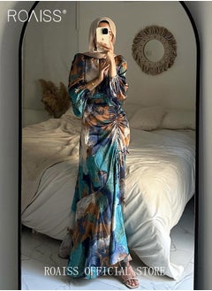 roaiss Women's Abaya Dress Graffiti Style Print and Waist Drawstring Design for a Personalized Look Bubble Sleeve Elements for an Elegant and Cute Look Women Long Sleeve Maxi Traditional Dress  - Image 3