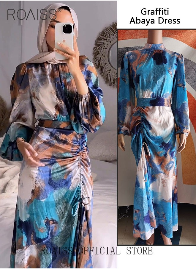 roaiss Women's Abaya Dress Graffiti Style Print and Waist Drawstring Design for a Personalized Look Bubble Sleeve Elements for an Elegant and Cute Look Women Long Sleeve Maxi Traditional Dress  - Image 5