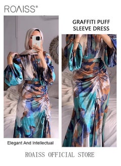 roaiss Women's Abaya Dress Graffiti Style Print and Waist Drawstring Design for a Personalized Look Bubble Sleeve Elements for an Elegant and Cute Look Women Long Sleeve Maxi Traditional Dress  - Image 2