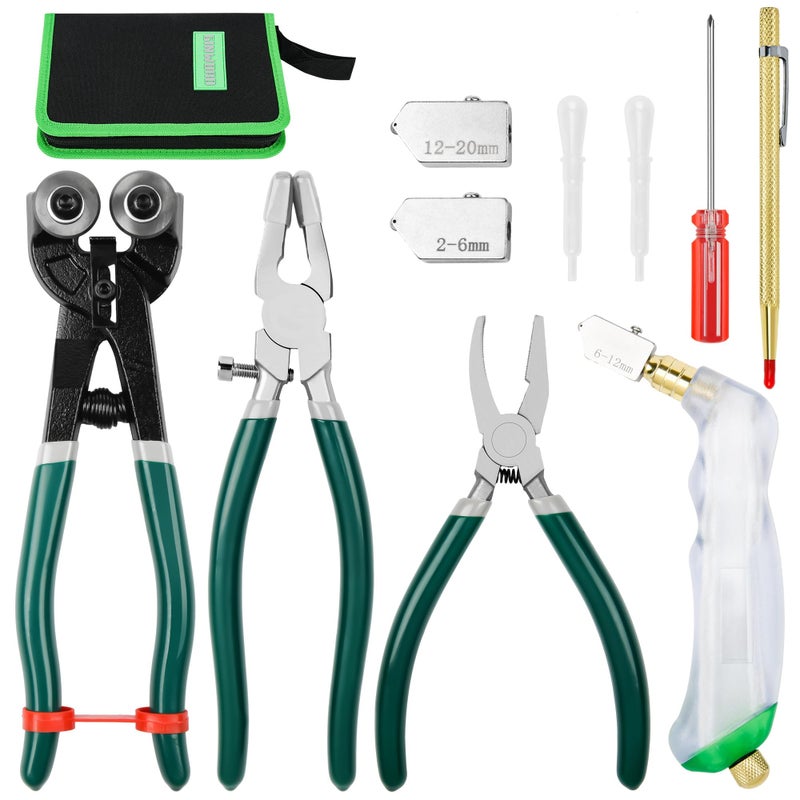GINWORD 10Pcs Heavy Duty Glass Running Breaking Pliers and Class Cutters Tools Kit, Breaker Grozer Pliers with Curved Jaws,Glass Cutters for Stained Glass, Mosaics, Fusing, Breaking - Image 1