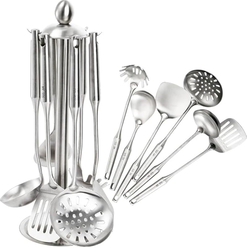 Premium 7-Piece 304 Stainless Steel Kitchen Utensil Set - Silver Cookware with Rotating Stand - Includes: Soup Ladle, Spaghetti Server, Assorted Spoons & More