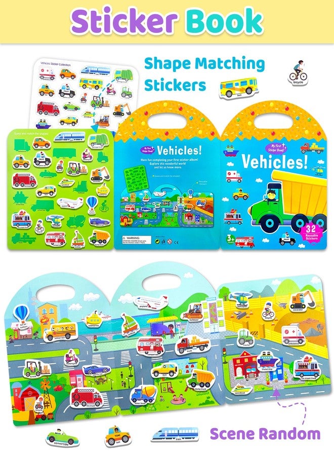 Benresive Jelly Reusable Sticker Books for Kids 2-4, Fun Sticker Books for Toddlers 1-3, Toddler Sticker Book Age 2-4, 32 Pcs Toddler Travel Toys Acticities Crafts Gifts - Vehicles Sticker Book - Image 2