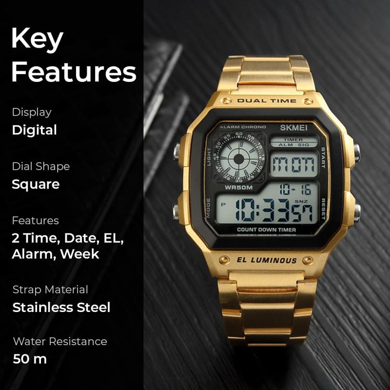 SKMEI 1335G Men's Stainless Steel Digital Sport Watch with Dual Time and Alarm - Image 2