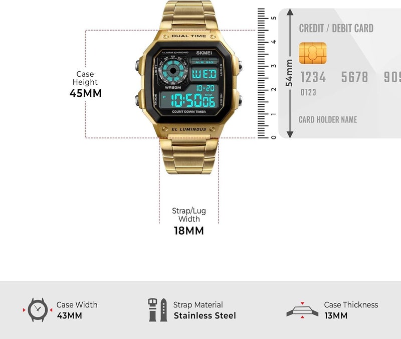 SKMEI 1335G Men's Stainless Steel Digital Sport Watch with Dual Time and Alarm - Image 5
