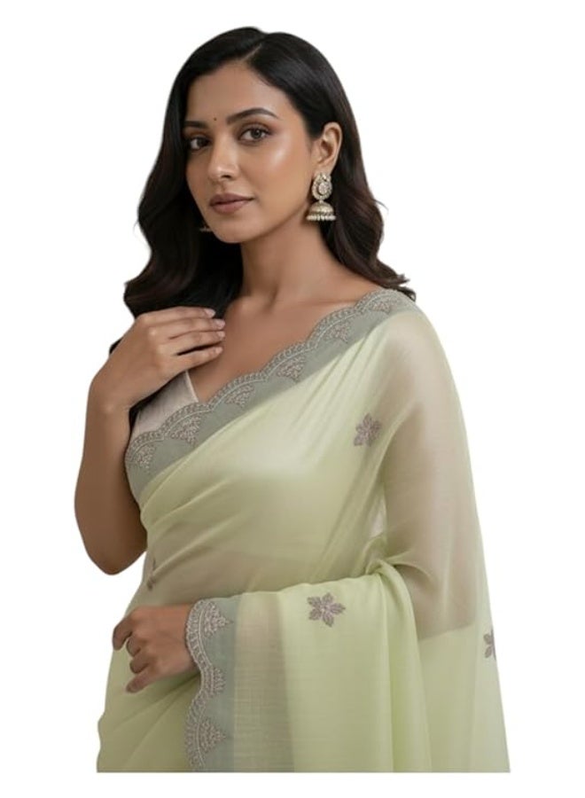 YASHIKA ساري ياشيكا النسائي من الساتان الأورجانزا مع قطعة بلوزة للزي العرقي التقليدي للنساء | بيستا - Image 1
