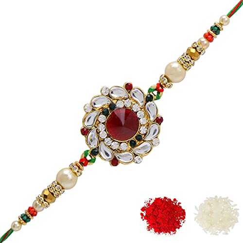 Riddhika Ventures Stylish Kundan and AD Ring Rakhi with Roli Chawal and Greeting Card (K14) For Men - Image 1