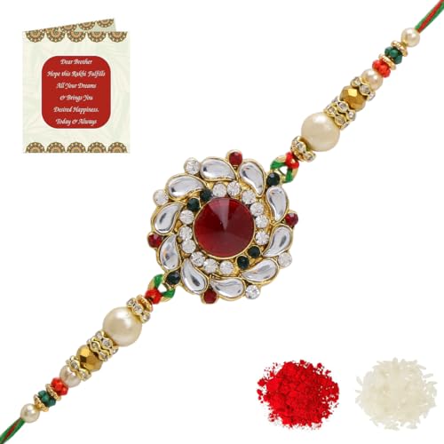 Riddhika Ventures Stylish Kundan and AD Ring Rakhi with Roli Chawal and Greeting Card (K14) For Men - Image 2