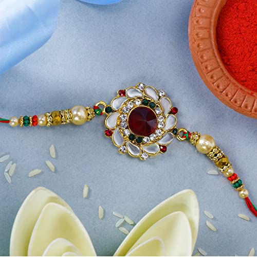 Riddhika Ventures Stylish Kundan and AD Ring Rakhi with Roli Chawal and Greeting Card (K14) For Men - Image 4
