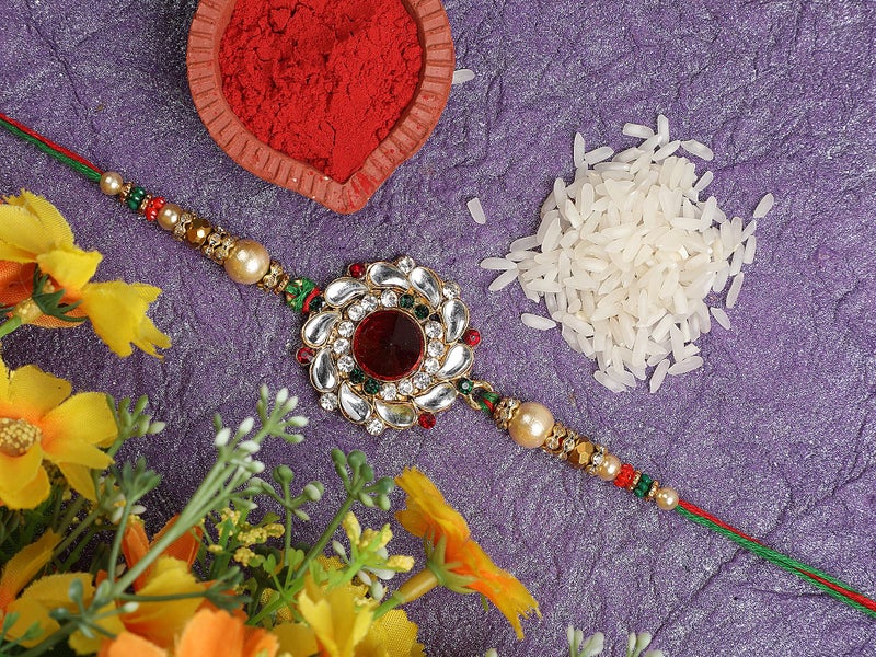 Riddhika Ventures Stylish Kundan and AD Ring Rakhi with Roli Chawal and Greeting Card (K14) For Men - Image 3