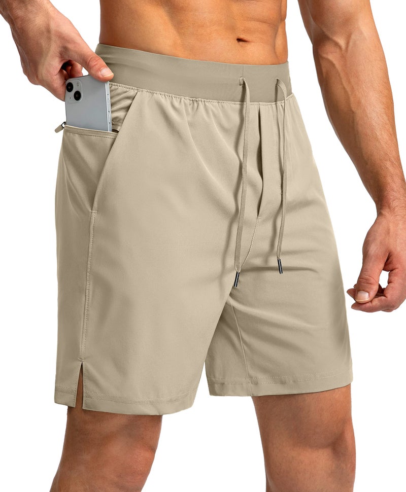 Soothfeel Men's Running Shorts with Zipper Pockets 7 Inch Lightweight Quick Dry Gym Athletic Workout Shorts for Men (Khaki, L) - Image 1