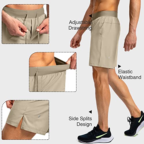 Soothfeel Men's Running Shorts with Zipper Pockets 7 Inch Lightweight Quick Dry Gym Athletic Workout Shorts for Men (Khaki, L) - Image 4