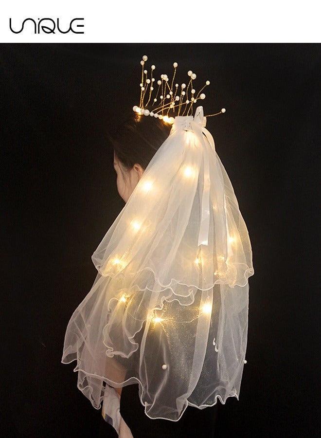 يونيك طرحة الزفاف ، طرحة الفتاة مع تاج اللؤلؤ مع الأضواء ، الحجاب المزدوج المتوهج ، لوازم حفلات العازبة ، دعائم التقاط الصور - Image 1