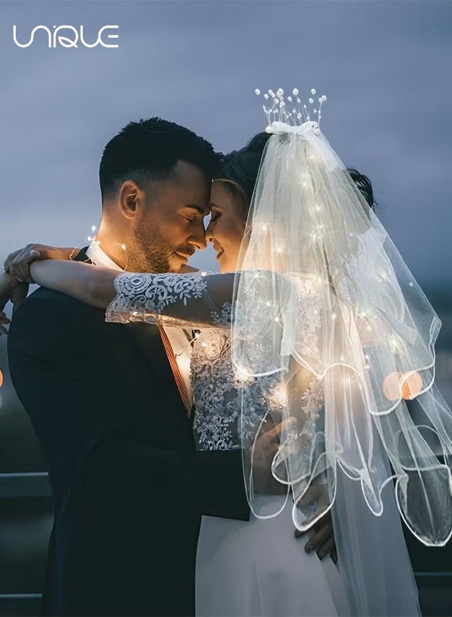 يونيك طرحة الزفاف ، طرحة الفتاة مع تاج اللؤلؤ مع الأضواء ، الحجاب المزدوج المتوهج ، لوازم حفلات العازبة ، دعائم التقاط الصور - Image 4