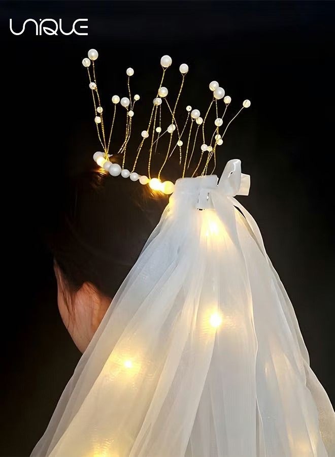 يونيك طرحة الزفاف ، طرحة الفتاة مع تاج اللؤلؤ مع الأضواء ، الحجاب المزدوج المتوهج ، لوازم حفلات العازبة ، دعائم التقاط الصور - Image 3