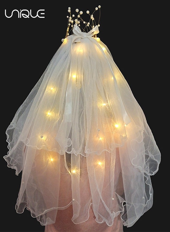 يونيك طرحة الزفاف ، طرحة الفتاة مع تاج اللؤلؤ مع الأضواء ، الحجاب المزدوج المتوهج ، لوازم حفلات العازبة ، دعائم التقاط الصور - Image 2