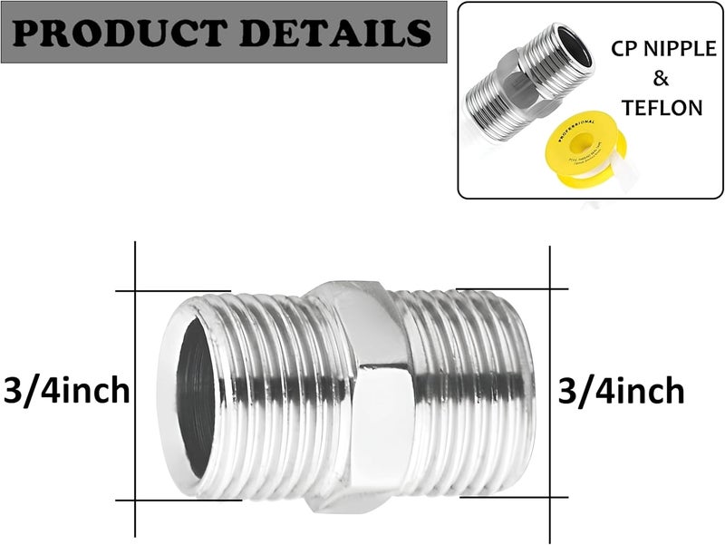 Royal Apex 1pcs CP Hex Nipple with Teflon Tape – Galvanized Male Threaded Pipe Connector Easy Wrench Installation for Plumbing, Irrigation & Industrial Use (3/4 inch X 3/4 inch) - Image 2