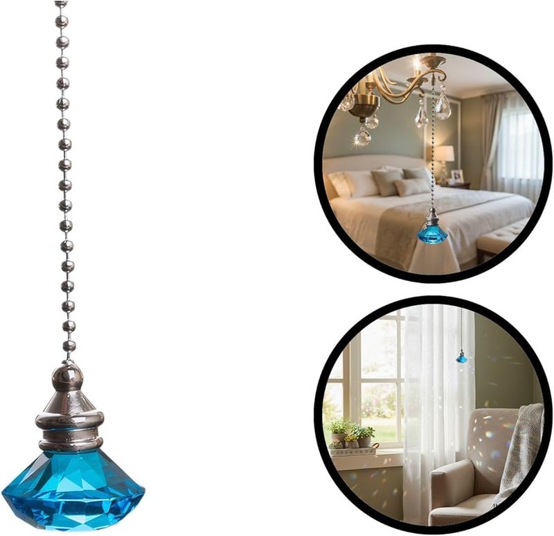 Cyan Crystal Fan Pull Pendant with Metal Bead Chain 50 cm for Ceiling Fan Lighting - Image 5