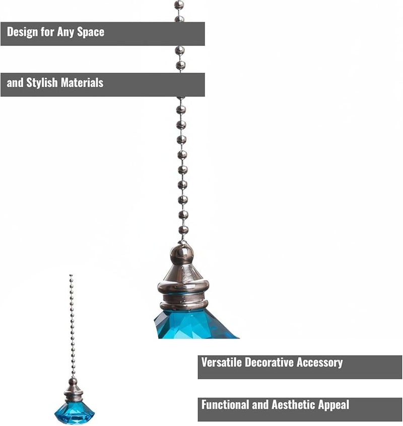 Cyan Crystal Fan Pull Pendant with Metal Bead Chain 50 cm for Ceiling Fan Lighting - Image 4