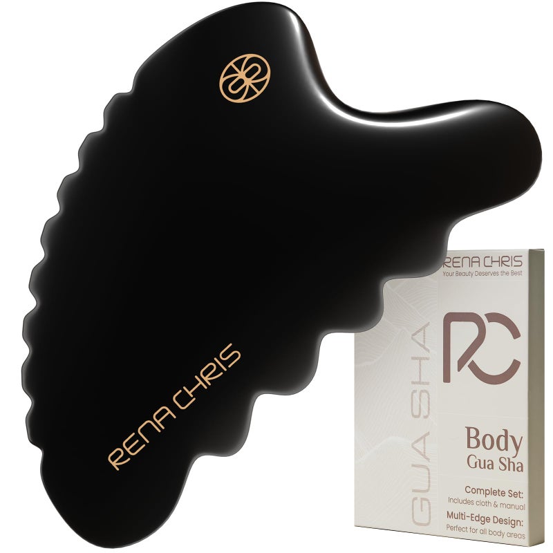 Rena Chris Body Gua Sha Tools Natural BianStone GuaSha Tool Manual Massage Sticks for Jawline Sculpting and Puffiness Reducing Whole Body Skin Care Massager Black