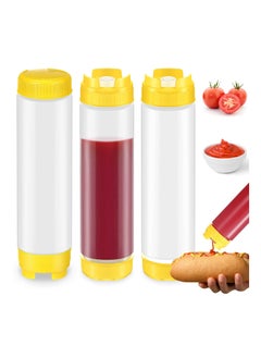 3Pcs 16oz Plastic Squeeze Bottles at Both Ends Refillable Tip Large Valve Condiment for Ketchup Sour Cream Self Sealing Syrup Dispenser for Restaurants Kitchen