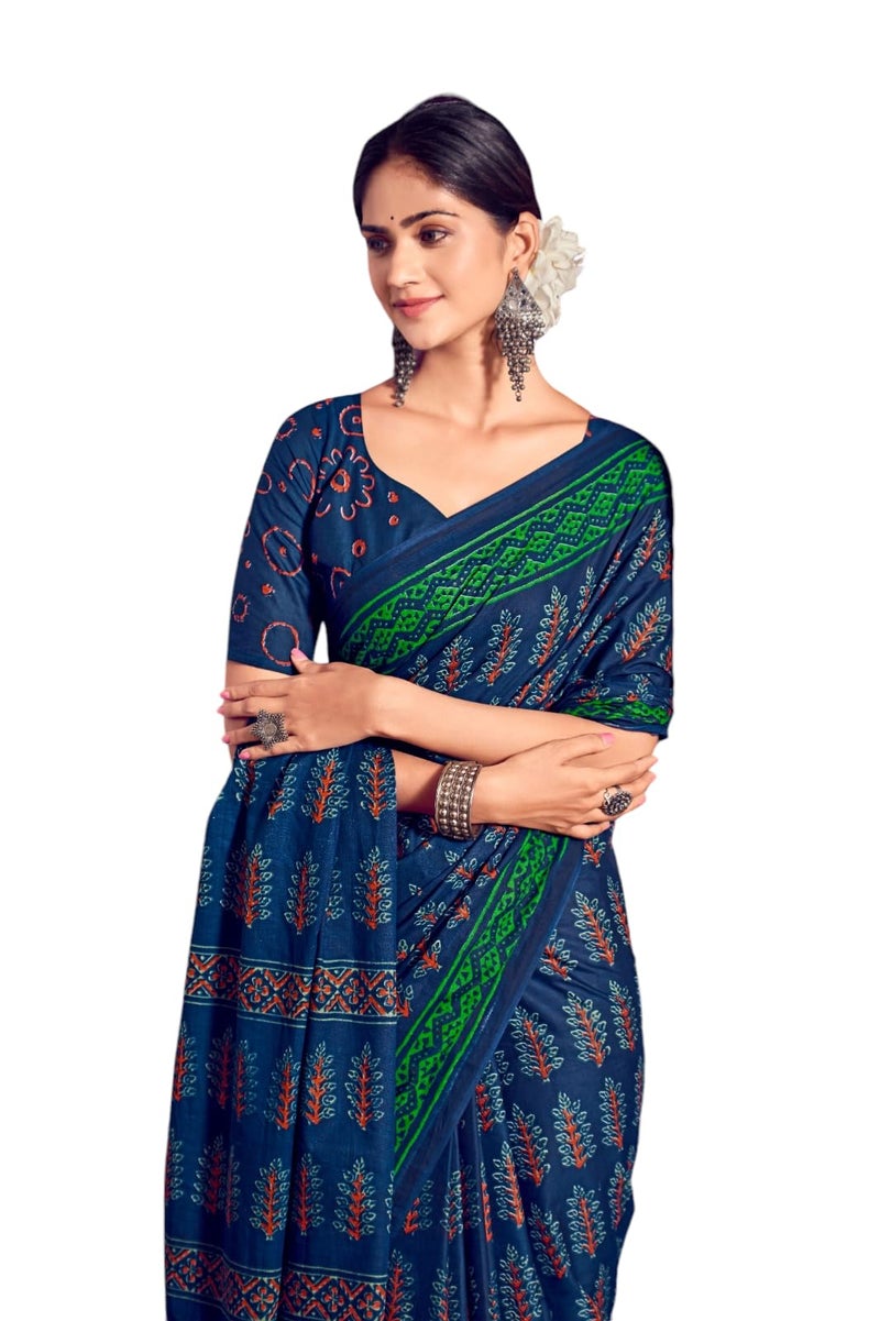 RADHA LAKSHMI Handicrafts Women's Ikat Hand Block Print Pure Soft Cotton Mulmul Saree, with Blouse Piece (Navy Blue) - Image 1
