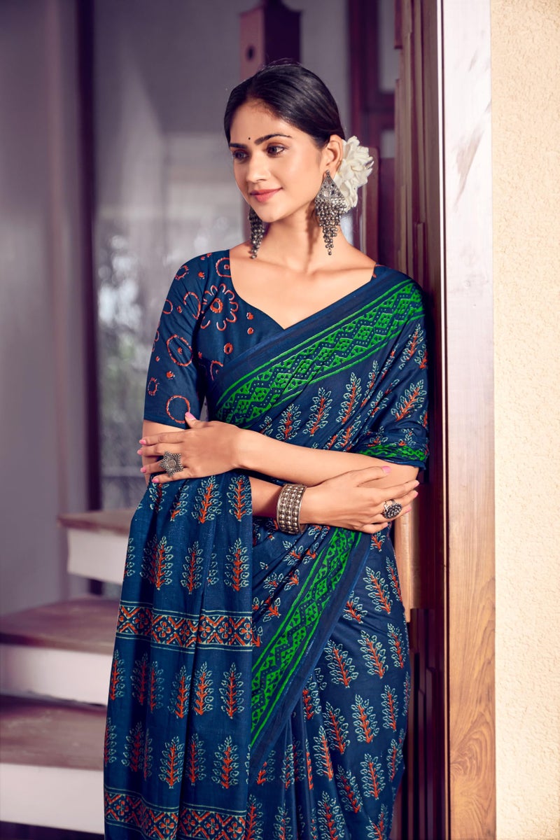 RADHA LAKSHMI Handicrafts Women's Ikat Hand Block Print Pure Soft Cotton Mulmul Saree, with Blouse Piece (Navy Blue) - Image 3