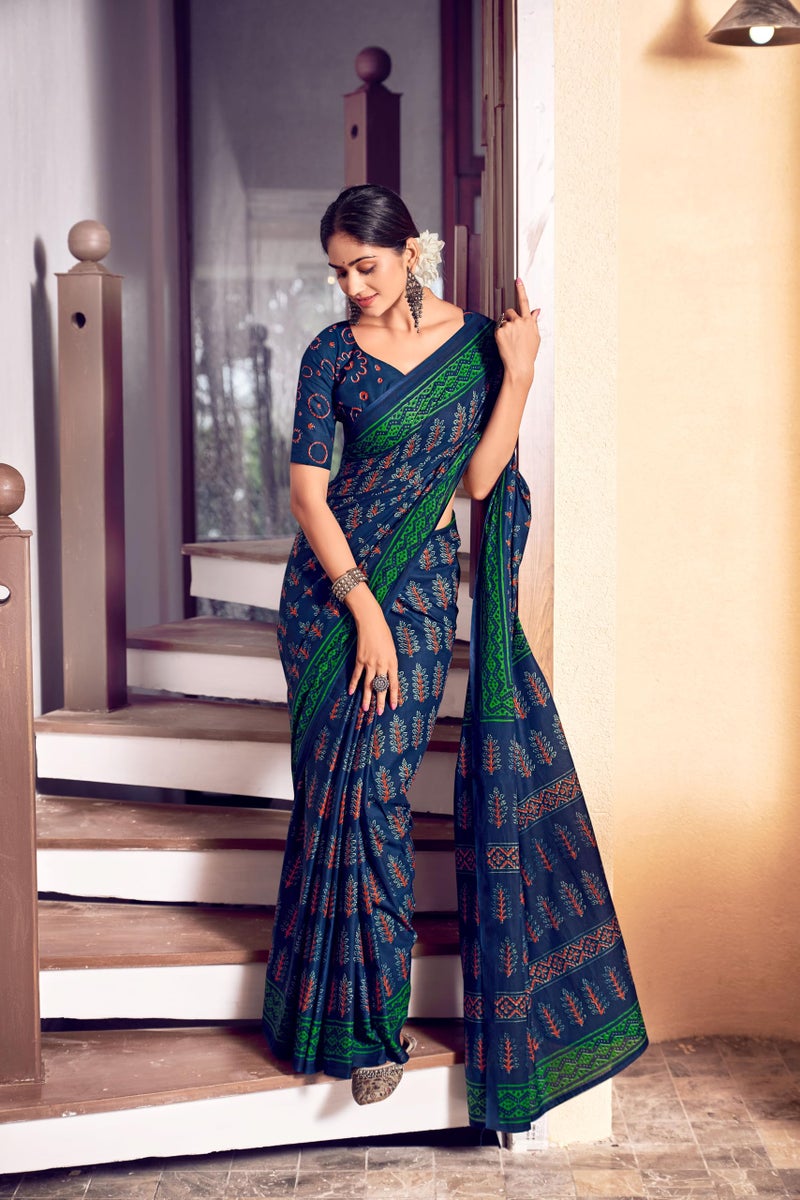 RADHA LAKSHMI Handicrafts Women's Ikat Hand Block Print Pure Soft Cotton Mulmul Saree, with Blouse Piece (Navy Blue) - Image 2