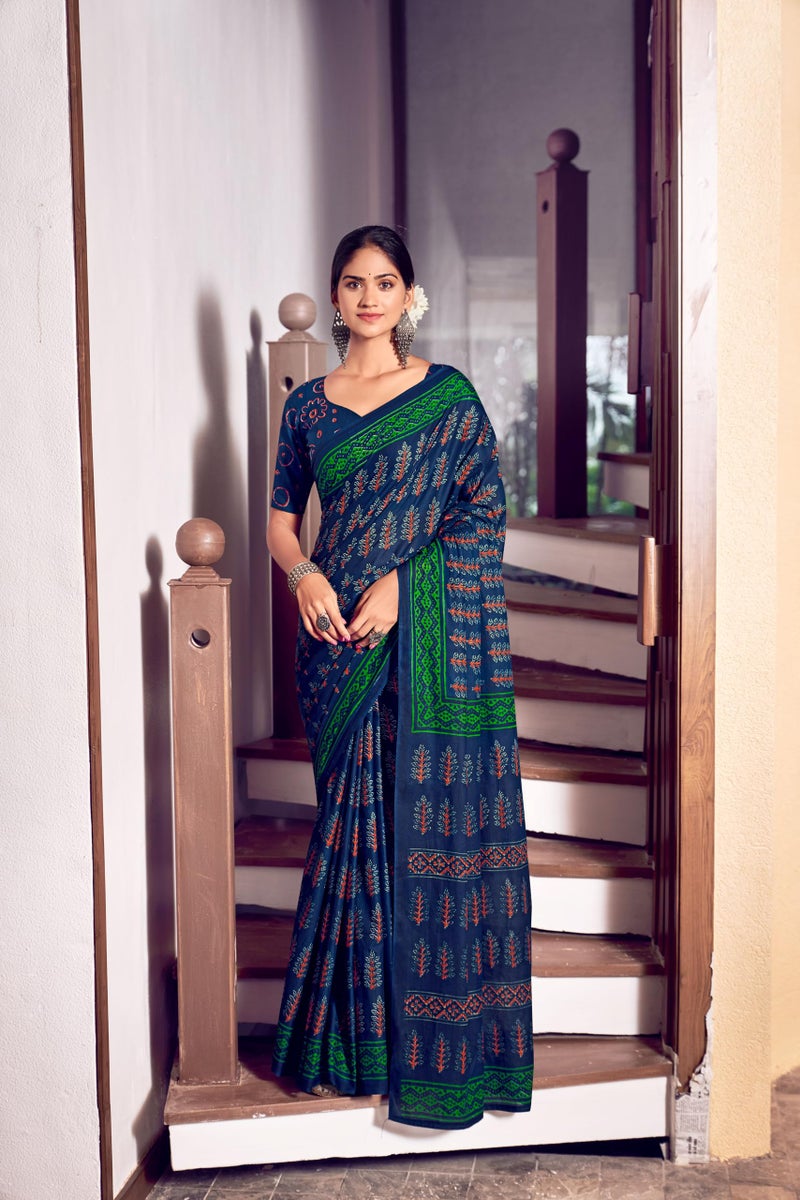 RADHA LAKSHMI Handicrafts Women's Ikat Hand Block Print Pure Soft Cotton Mulmul Saree, with Blouse Piece (Navy Blue) - Image 5