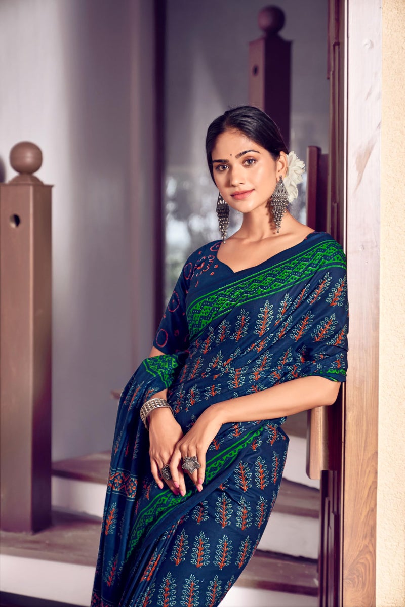 RADHA LAKSHMI Handicrafts Women's Ikat Hand Block Print Pure Soft Cotton Mulmul Saree, with Blouse Piece (Navy Blue) - Image 4