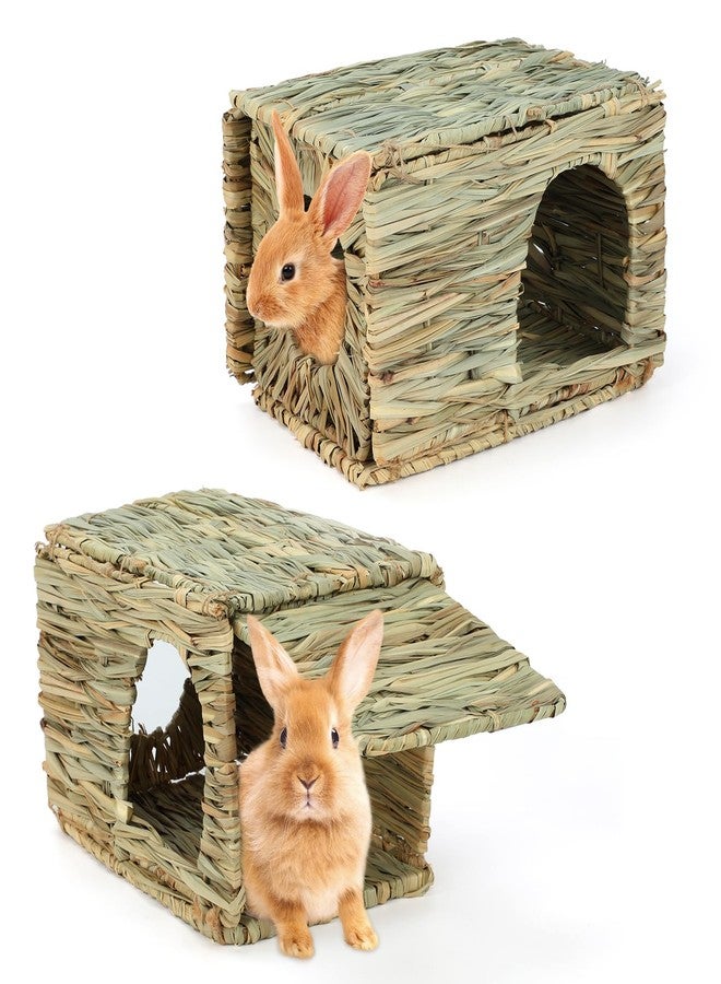 BWOGUE 2 Pack Grass Bunny House Natural Hand Woven Seagrass Hideaway Toy Hay Mat Chew Hut for Bunny Hamster Chinchilla Guinea Pigs Small Animals - Image 1