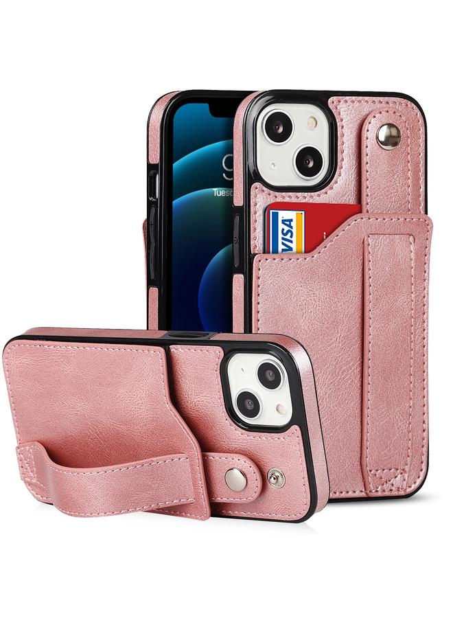 زبون جراب لهاتف iPhone 13 mini Crazy Horse Texture مقاوم للصدمات من مادة TPU + جراب من جلد البولي يوريثان مع فتحة للبطاقات وحامل حزام معصم - Image 1