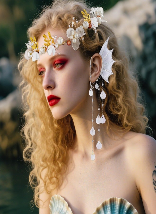 FRESHME Fairy Ear Cuffs and Headband- White Elf Ear Cuffs with Shell Tassel Mermaid Ears Flower Fairy Crown Mermaid Fin Siren Ears Halloween Costume Renaissance Renfaire Cosplay Photo Prop Accessories - Image 2