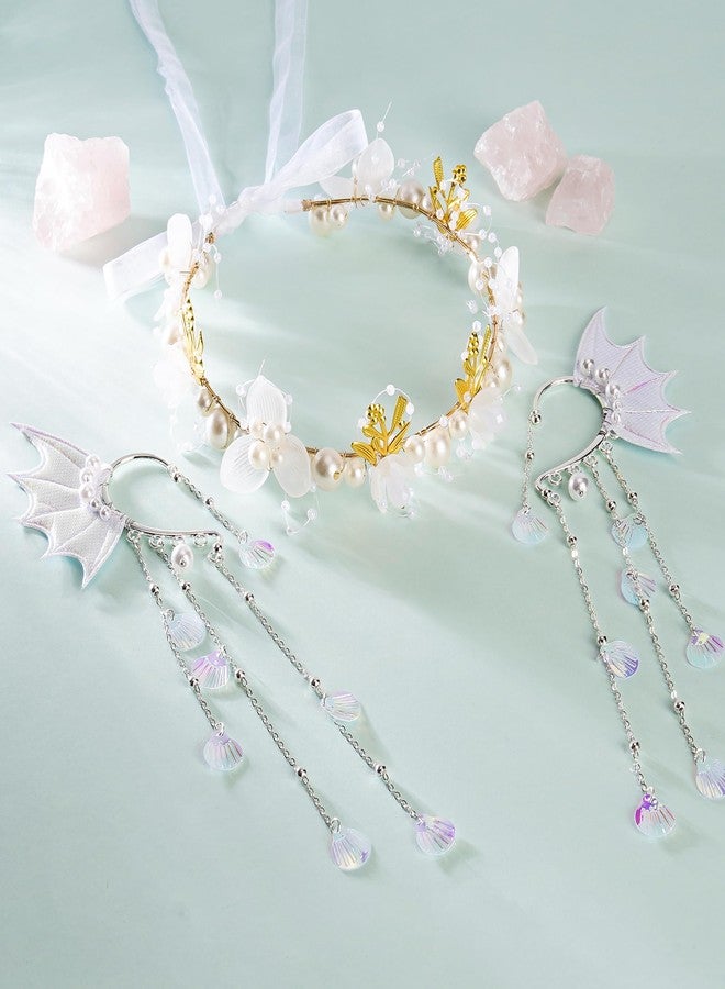 FRESHME Fairy Ear Cuffs and Headband- White Elf Ear Cuffs with Shell Tassel Mermaid Ears Flower Fairy Crown Mermaid Fin Siren Ears Halloween Costume Renaissance Renfaire Cosplay Photo Prop Accessories - Image 5