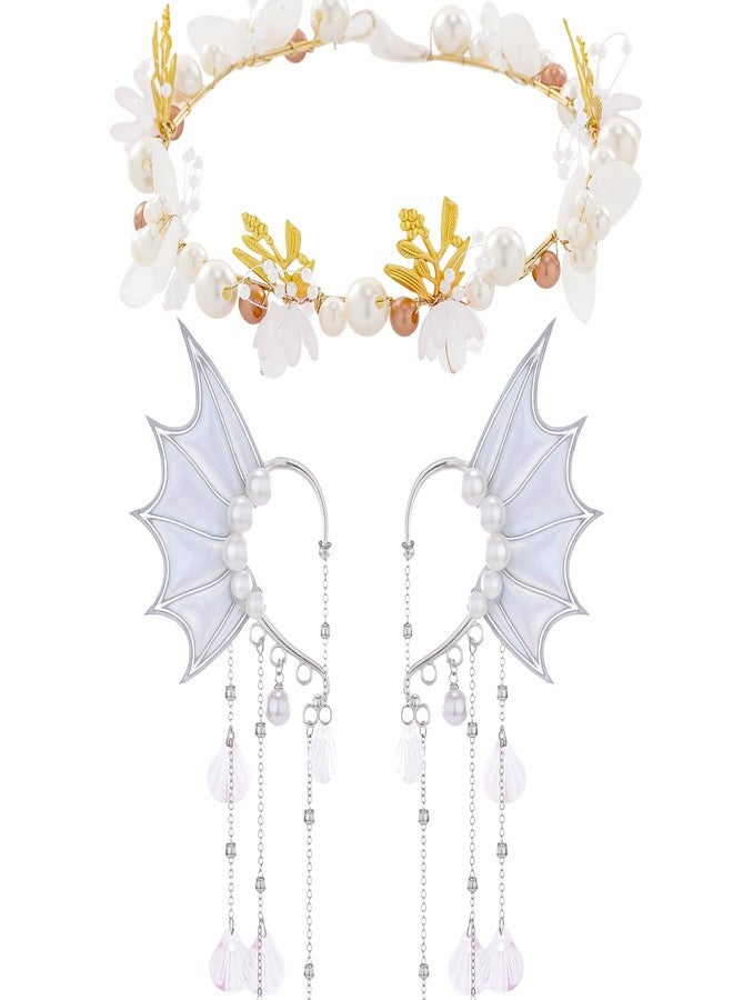 FRESHME Fairy Ear Cuffs and Headband- White Elf Ear Cuffs with Shell Tassel Mermaid Ears Flower Fairy Crown Mermaid Fin Siren Ears Halloween Costume Renaissance Renfaire Cosplay Photo Prop Accessories - Image 1