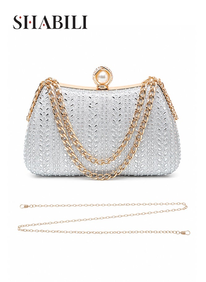 SHABILI Women's Rhinestone Banquet Bag Silver, Ladies PU Sparkling Crystal Clutch Bag Shoulder Evening Handbag with Detachable Chain for Wedding Prom Cocktail Party Dinner Travel Formal Occasion Use - Image 1