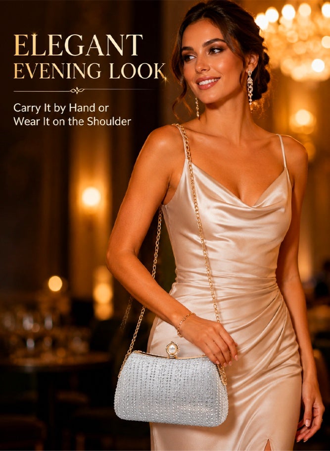 SHABILI Women's Rhinestone Banquet Bag Silver, Ladies PU Sparkling Crystal Clutch Bag Shoulder Evening Handbag with Detachable Chain for Wedding Prom Cocktail Party Dinner Travel Formal Occasion Use - Image 2