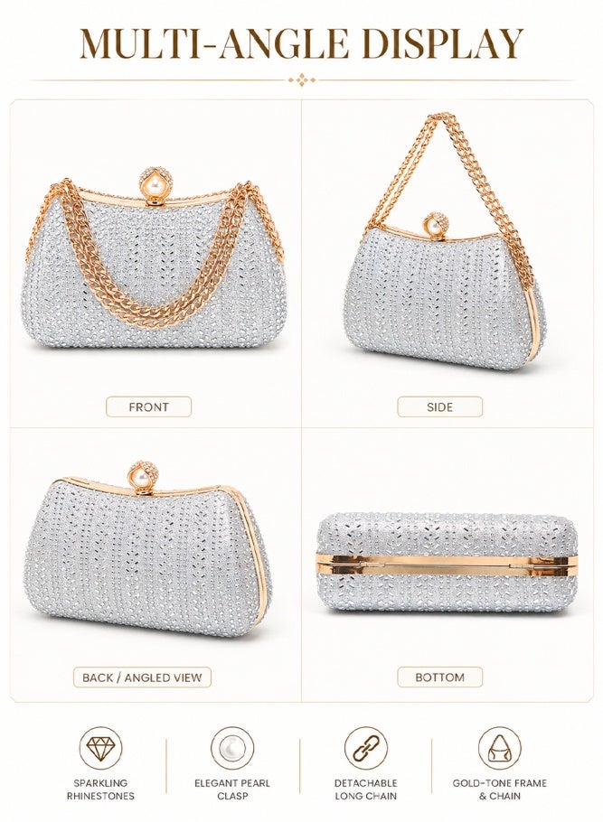 SHABILI Women's Rhinestone Banquet Bag Silver, Ladies PU Sparkling Crystal Clutch Bag Shoulder Evening Handbag with Detachable Chain for Wedding Prom Cocktail Party Dinner Travel Formal Occasion Use - Image 4