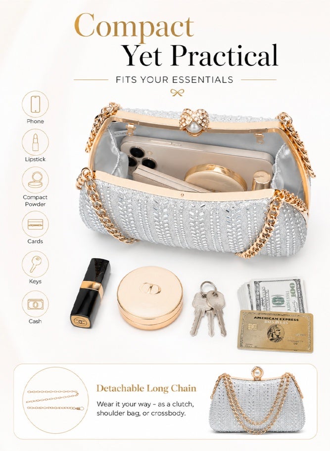 SHABILI Women's Rhinestone Banquet Bag Silver, Ladies PU Sparkling Crystal Clutch Bag Shoulder Evening Handbag with Detachable Chain for Wedding Prom Cocktail Party Dinner Travel Formal Occasion Use - Image 3