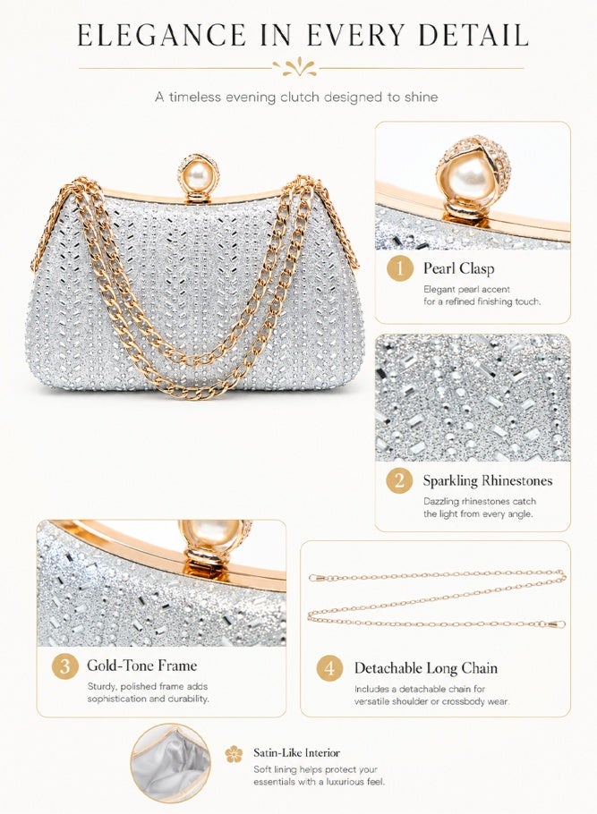 SHABILI Women's Rhinestone Banquet Bag Silver, Ladies PU Sparkling Crystal Clutch Bag Shoulder Evening Handbag with Detachable Chain for Wedding Prom Cocktail Party Dinner Travel Formal Occasion Use - Image 5