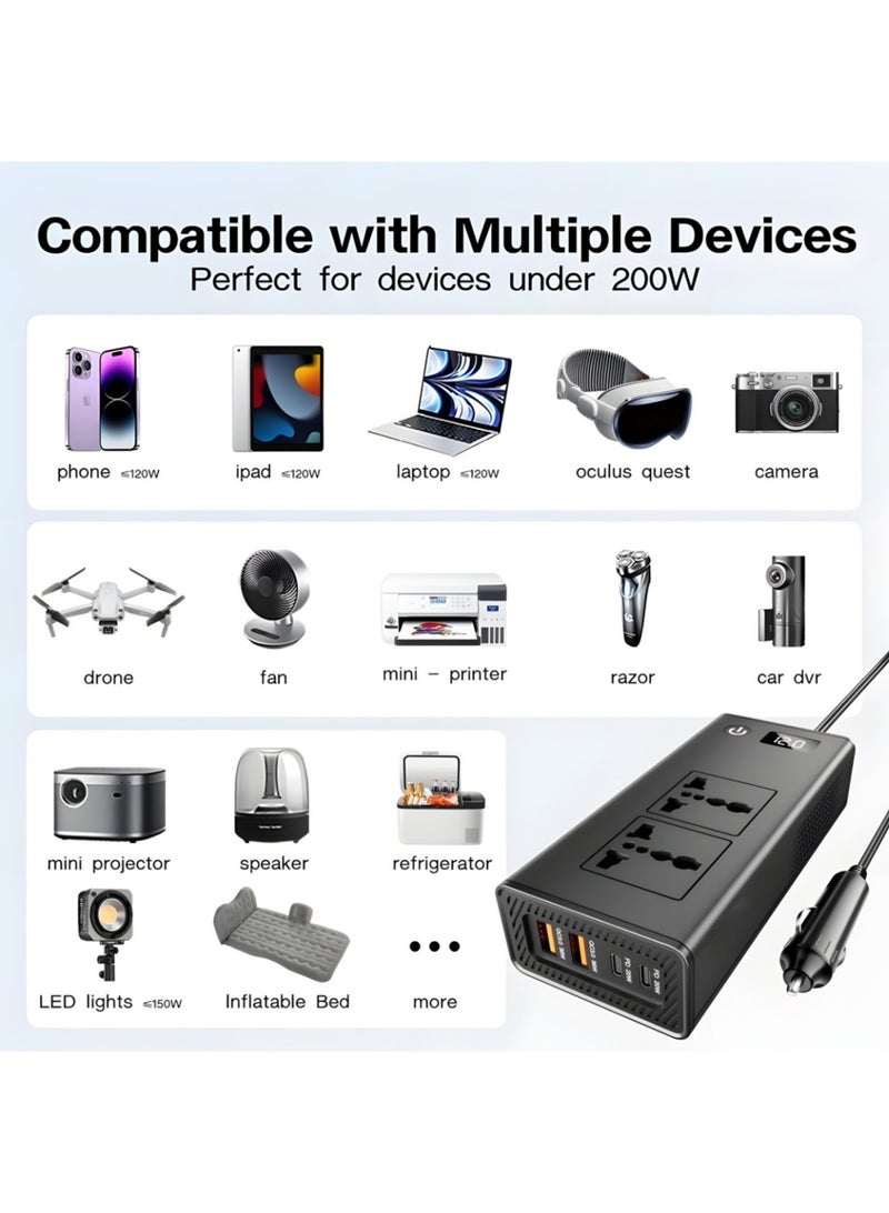 Generic 200W Car Power Inverter, DC 12V to AC 220V Converter with Fast Charger 2 USB-A (36W), 2 USB-C (20W) Ports, Dual AC Outlets, Car Plug Adapter Outlet with LED Display for Laptop Phones, Black  - Image 5