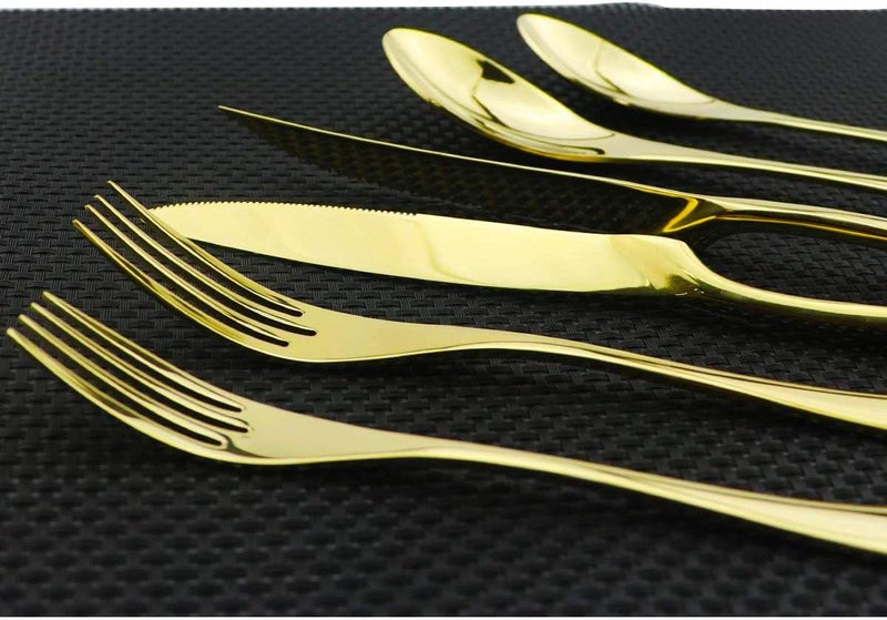 Uniturcky Golden Flatware Set 1810 Stainless Steel Mirror Polished Gold Cutlery  Silverware Utensil Set of Steak Knife Dinner Fork Knife Spoon Salad Fork Dessert Spoon24 Piece Service for 4 - Image 5