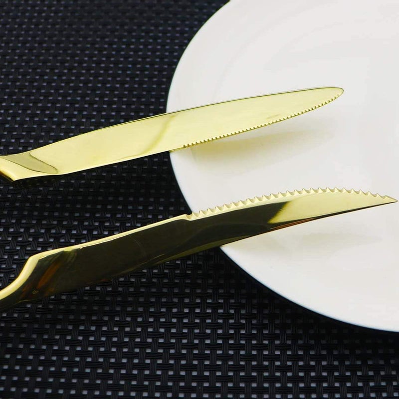 Uniturcky Golden Flatware Set 1810 Stainless Steel Mirror Polished Gold Cutlery  Silverware Utensil Set of Steak Knife Dinner Fork Knife Spoon Salad Fork Dessert Spoon24 Piece Service for 4 - Image 3
