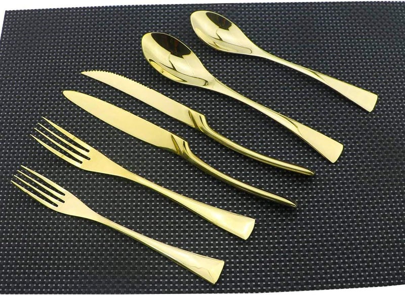 Uniturcky Golden Flatware Set 1810 Stainless Steel Mirror Polished Gold Cutlery  Silverware Utensil Set of Steak Knife Dinner Fork Knife Spoon Salad Fork Dessert Spoon24 Piece Service for 4 - Image 2